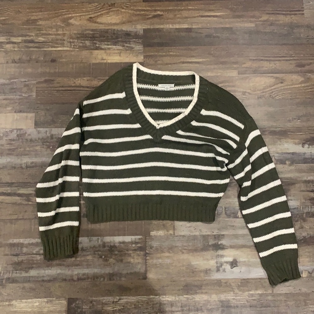 Green and White Striped Cropped Sweater